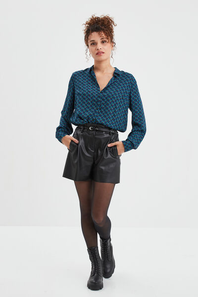 Chemise manches longues en crêpe bleu marine femme