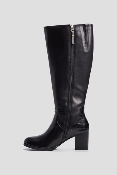 Bottes en cuir à talons et boucles noir femme