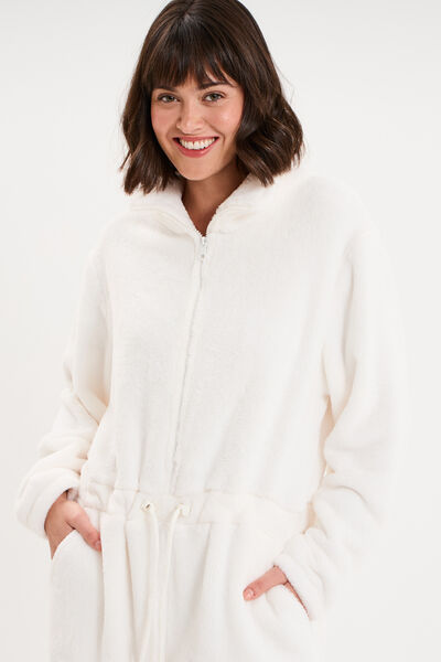 Combinaison polaire zipp&eacute;e &agrave; capuche blanc femme