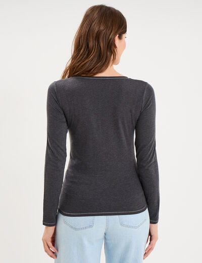 T-shirt manches longues col en V coton gris fonc&eacute; femme