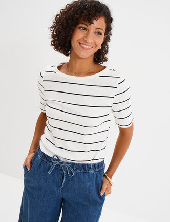 T-shirt col rond manches courtes coton ecru femme