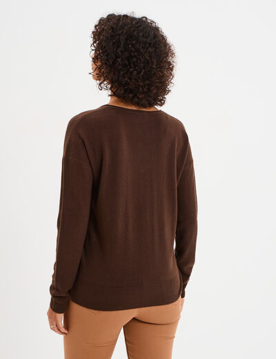 Pull col en V manches longues marron fonc&eacute; femme