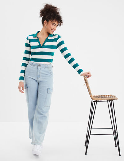 T-shirt col polo manches longues Creeks vert émeraude femme