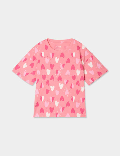 T-shirt col rond manches courtes coton rose fille