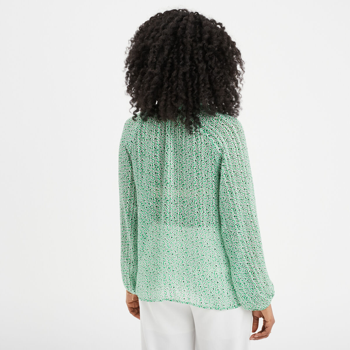 Blouse col froncé à cordons et volants vert femme