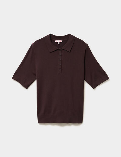 Pull col polo manches courtes marron fonc&eacute; femme