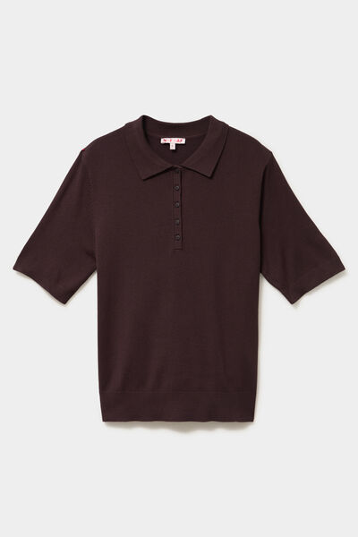 Pull col polo manches courtes marron fonc&eacute; femme