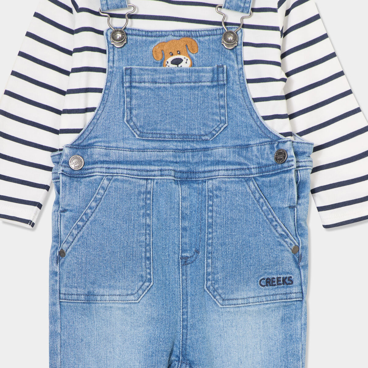 Ensemble 3 pi&egrave;ces salopette jean Creeks bleu marine b&eacute;b&eacute; gar&ccedil;on