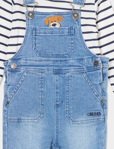 Ensemble 3 pièces salopette jean Creeks bleu marine bébé garçon