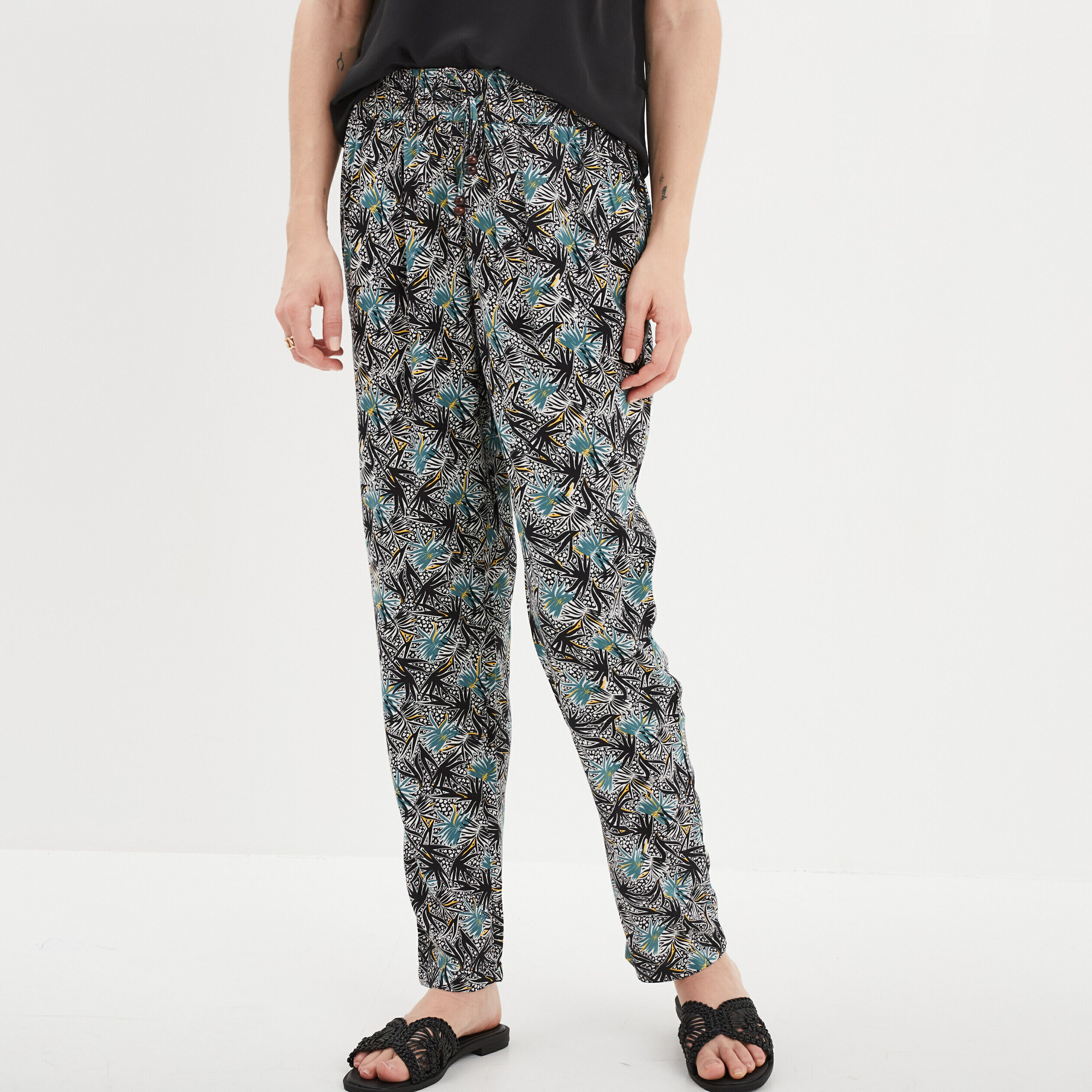 Pantalon fluide ceinture élastiquée noir femme LH
