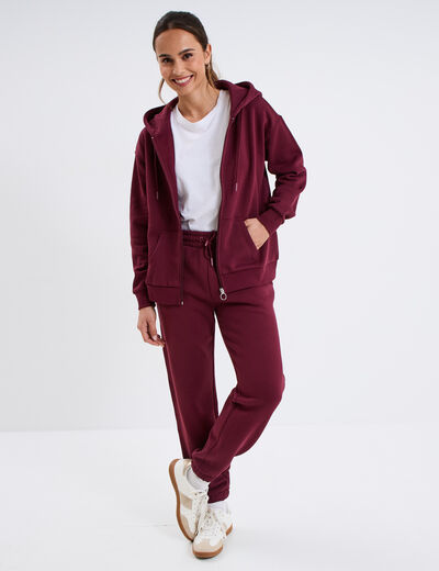 Sweat zippé à capuche bordeaux femme