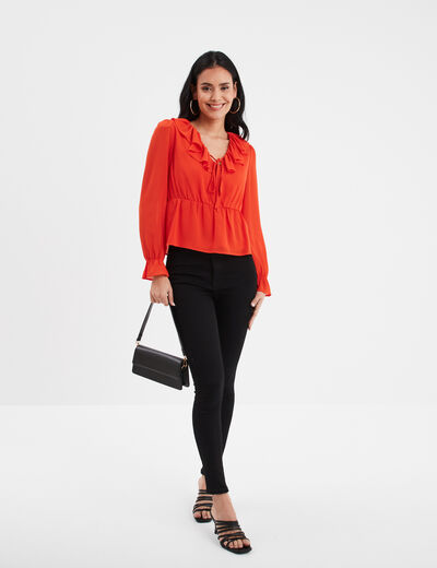 Blouse volantée col en V à cordons orange femme