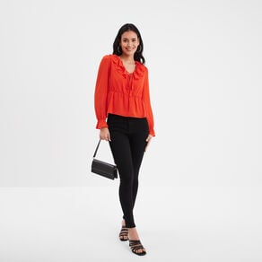 blouse volantee col en v a cordons orange femme Blouse volantée col en V à cordons orange femme