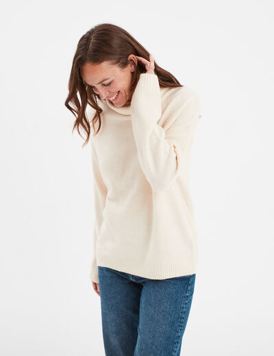 Pull col roulé droit manches longues creme femme