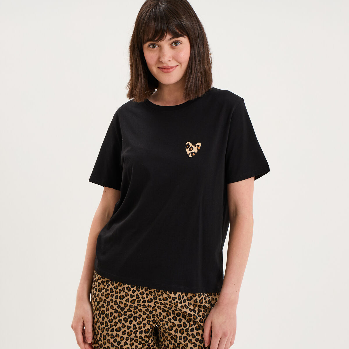 T-shirt col rond manches courtes coton noir femme