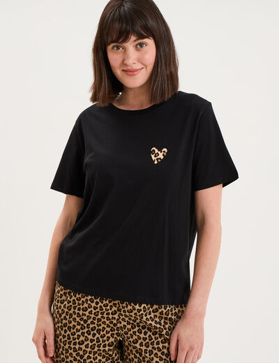 T-shirt col rond manches courtes coton noir femme