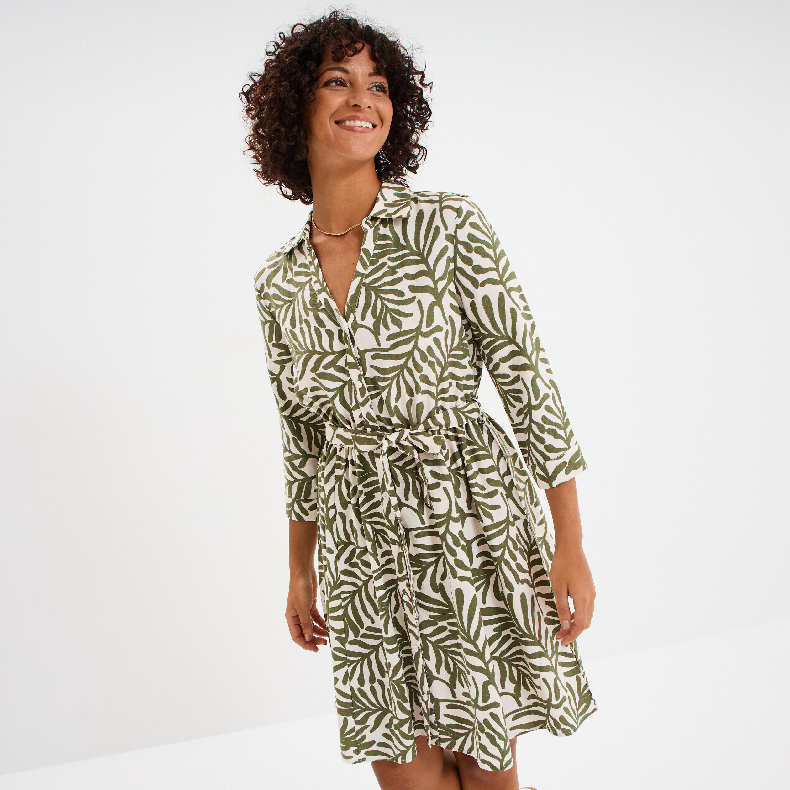 Robe col chemise ceinturée manches 3/4 blanc femme LH