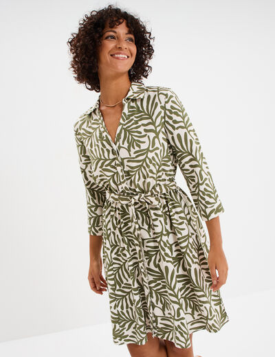 Robe col chemise ceinturée manches 3/4 blanc femme