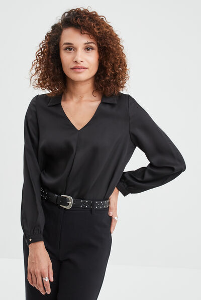 Blouse satin col en V à revers noir femme