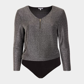 body de soiree manches longues gris argent femmegt Body de soirée manches longues gris argent femme grande taille