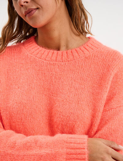 Pull col rond manches longues rose fluo femme