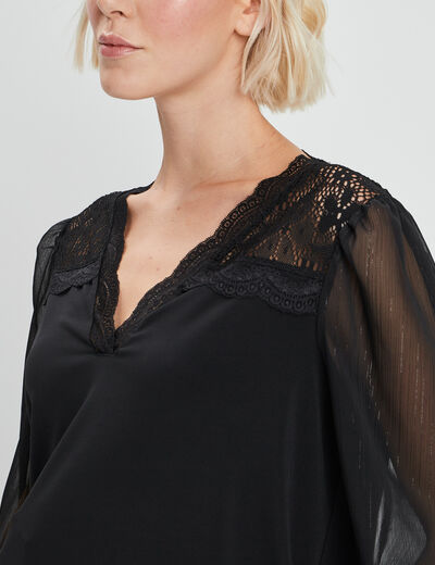 Blouse col en V détails dentelle noir femme