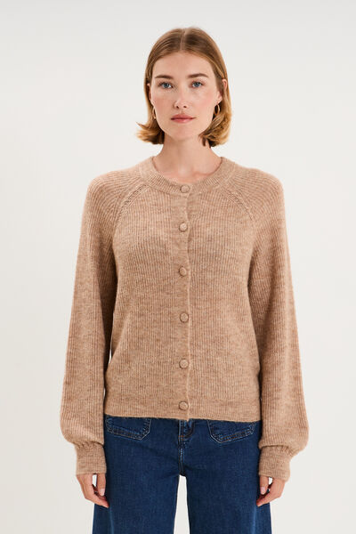 Gilet cardigan col rond boutonn&eacute; beige femme