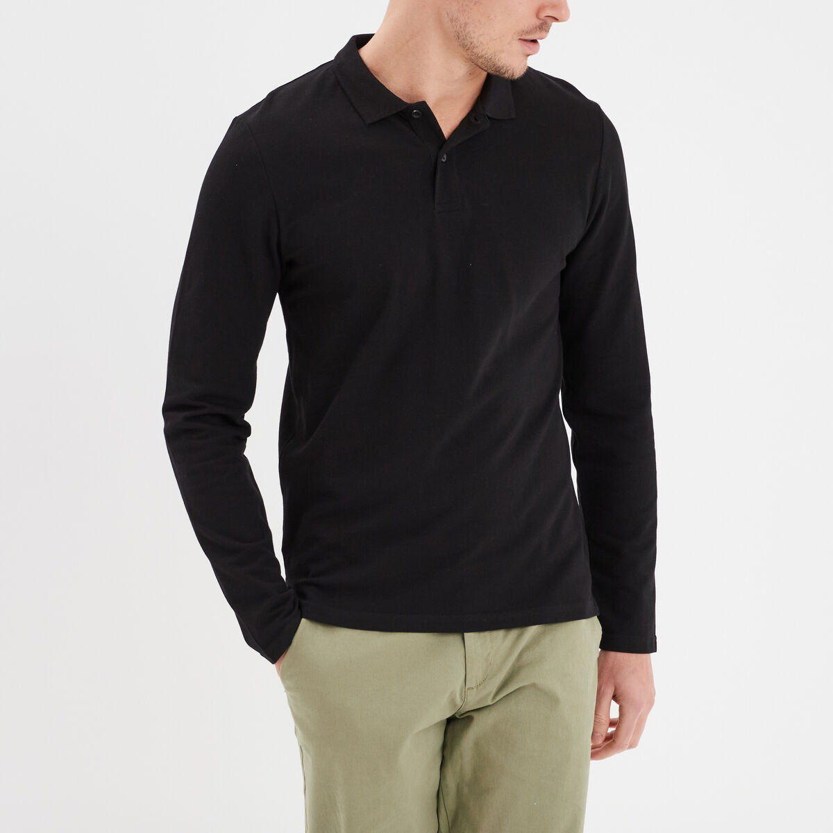 Polo manches longues en coton noir homme
