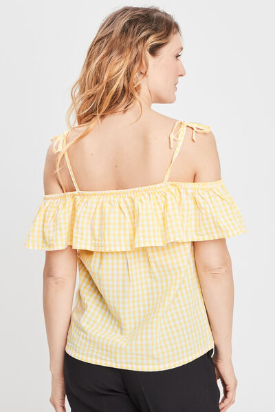 Chemise manches courtes col bardot jaune moutarde femme