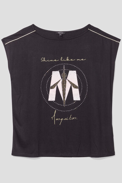 T-shirt col rond à strass Mosquitos noir femme
