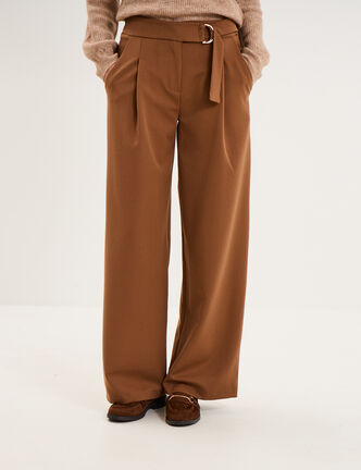 Pantalon large fluide avec ceinture marron clair femme