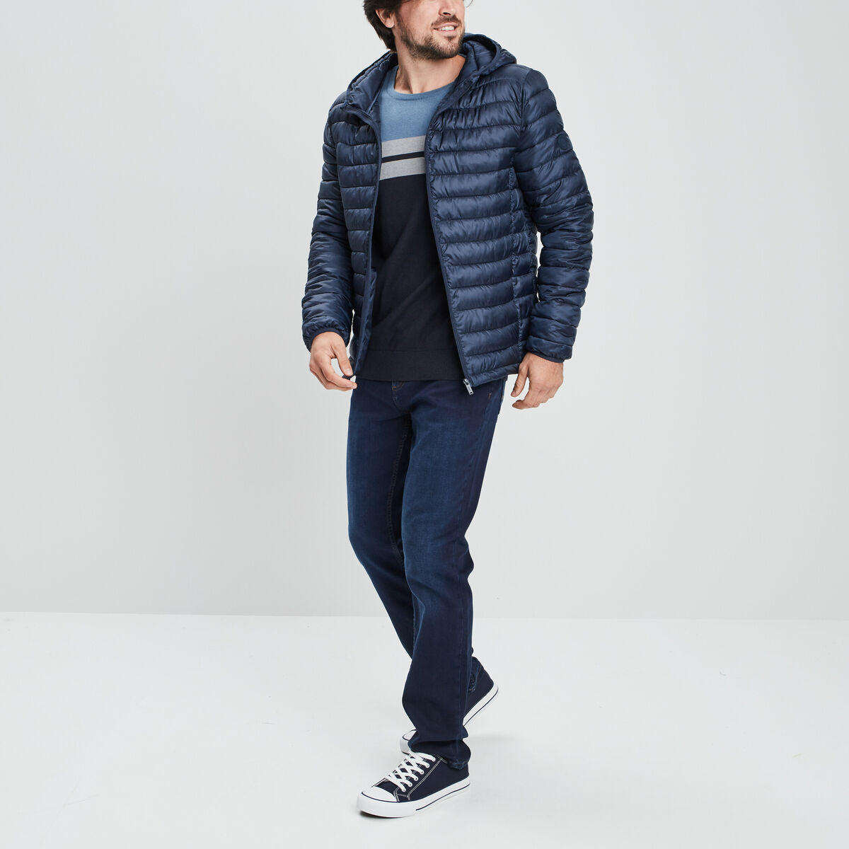 Doudoune légère déperlante à capuche bleu marine homme