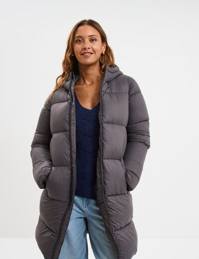 Doudoune longue &agrave; capuche gris fonc&eacute; femme