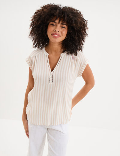 Blouse cr&eacute;pon manches courtes beige femme