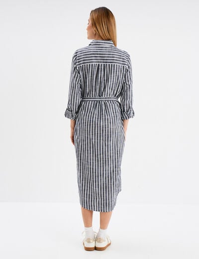Robe chemise midi ceinturée coton bleu marine femme