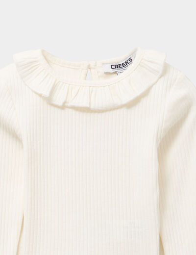 T-shirt côtelé col à volants blanc bébé fille