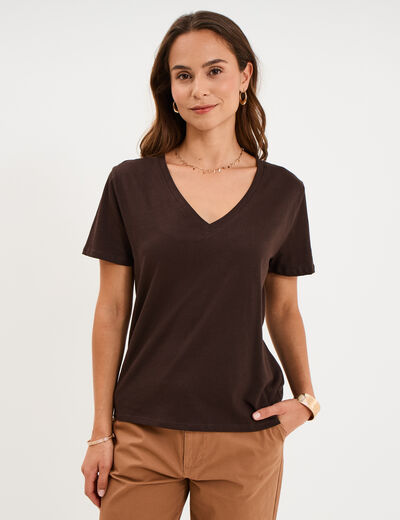 T-shirt manches courtes col en V coton marron fonc&eacute; femme