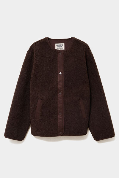 Veste effet polaire boutonn&eacute;e col rond marron fonc&eacute; femme