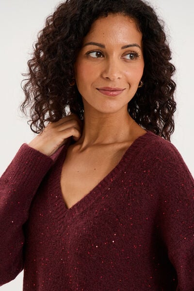 Pull droit &agrave; sequins et col en V prune femme