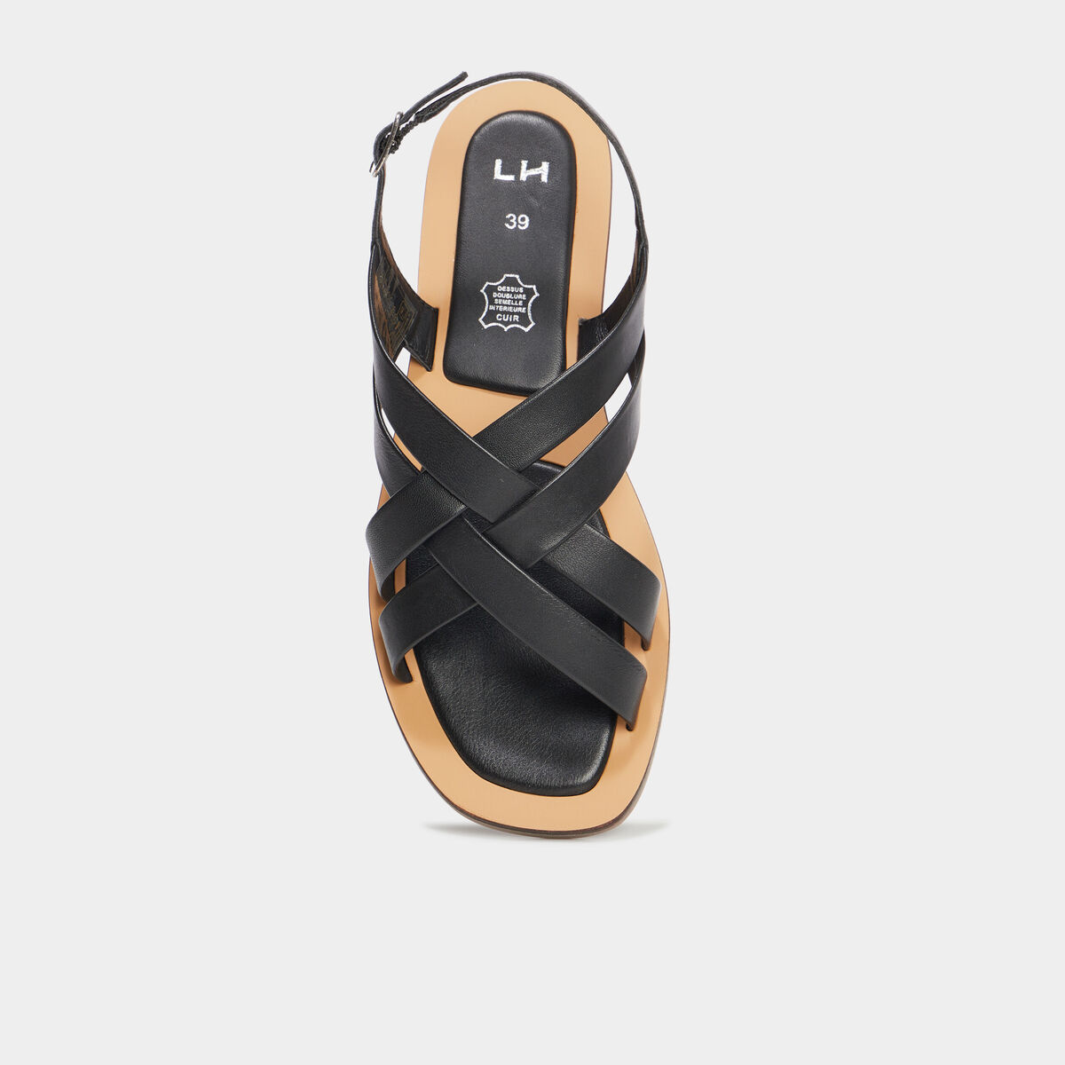 Sandales plates brides crois&eacute;es en cuir noir femme