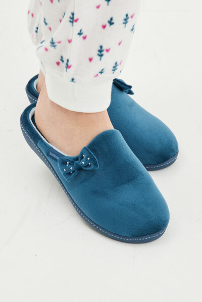 Chaussons mules velours Isotoner bleu canard femme