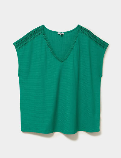 T-shirt bandes dentelle col en V vert canard femme grande taille