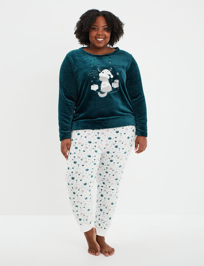 Ensemble pyjama effet velours 2 pièces bleu canard femme grande taille