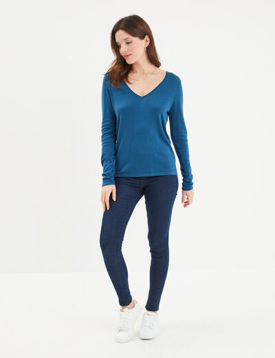 Pull ajusté avec col en V bleu foncé femme