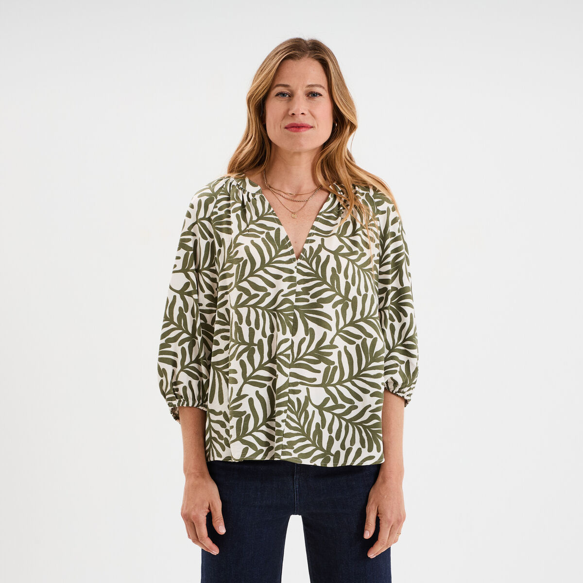 Blouse manches 3/4 ballons col tunisien blanc femme