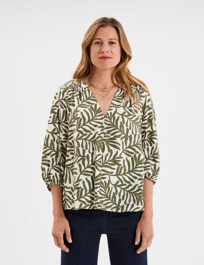 Blouse manches 3/4 ballons col tunisien blanc femme