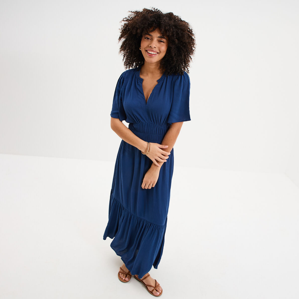 Robe longue col tunisien manches courtes bleu marine femme