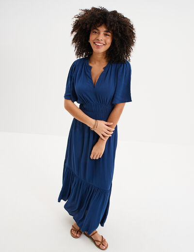 Robe longue col tunisien manches courtes bleu marine femme