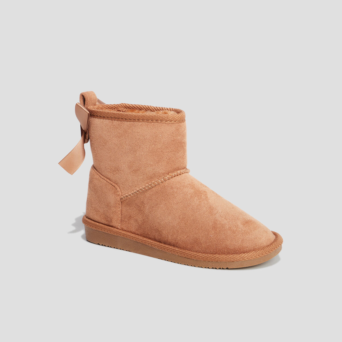 Bottines fourr&eacute;es noeud effet satin camel fille