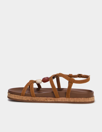Sandales plates avec d&eacute;tails perles marron femme